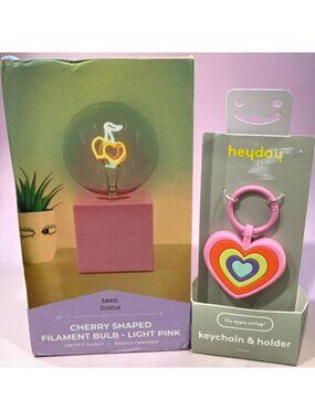 Cherry Shaped Light Pink Neon Bulb & Pink Rainbow Heart AirTag Keychain Holder -